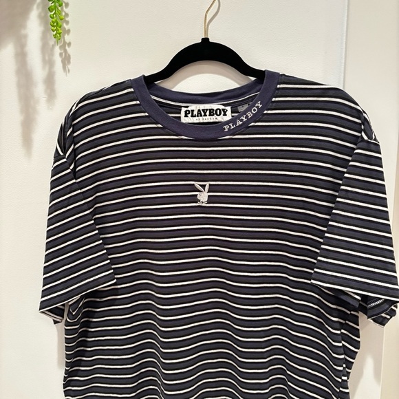 Playboy by Pacsun Metallic Bunny Men's Striped Crewneck T-shirt 100% cotton L - Picture 2 of 10